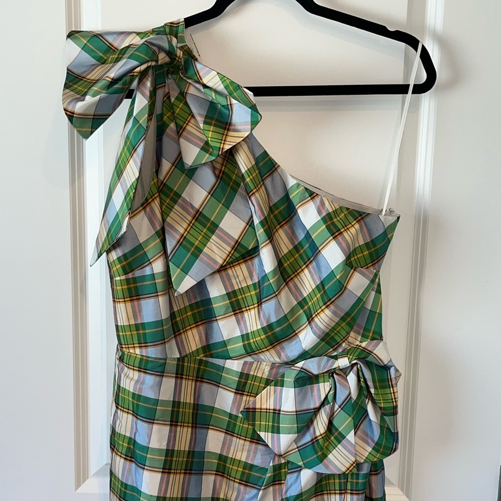 J Crew One Shoulder Sheath Dress Bow Faux Wrap Plaid Silk Blend Size 12 - Picture 5 of 7